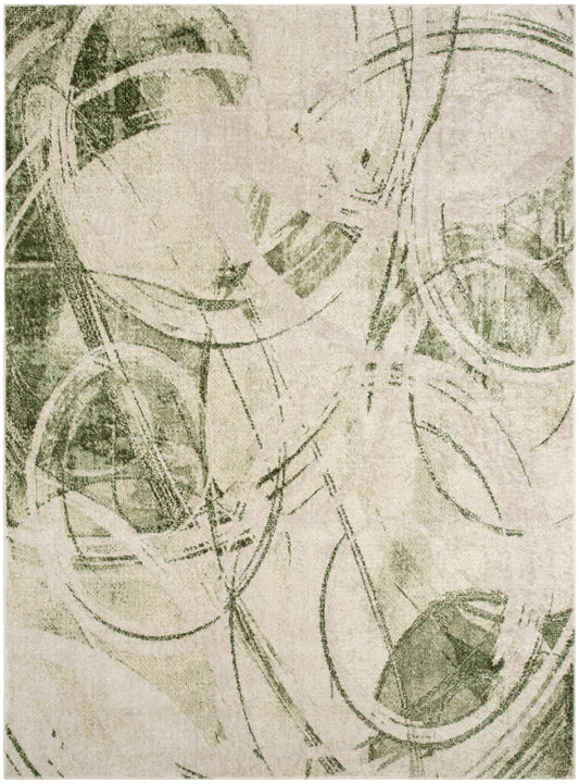 Abstract circular lines on beige textured field in muted sage; modern geometric rug or wall art.