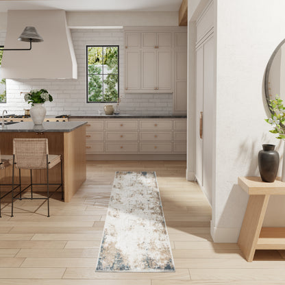 Bright modern farmhouse kitchen with white cabinets, light wood island, bar stools, window, and distressed blue runner rug.