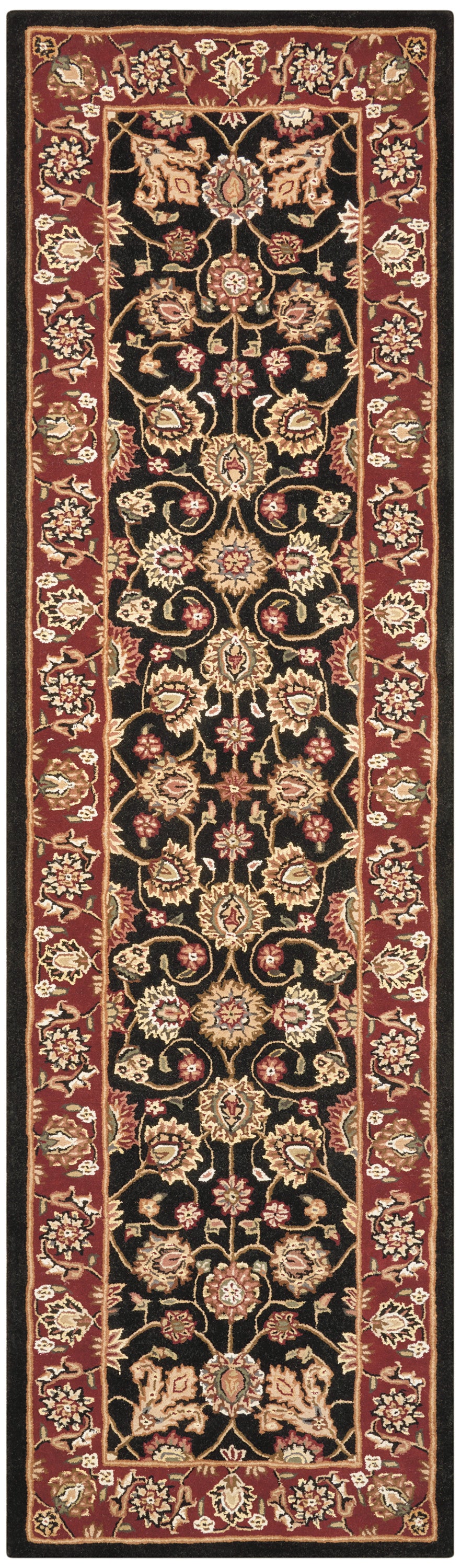 Persian-style rug runner: black central field with gold floral motifs, red ornate border, long narrow hallway rug.
