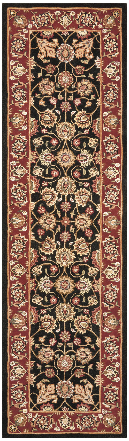 Persian-style rug runner: black central field with gold floral motifs, red ornate border, long narrow hallway rug.