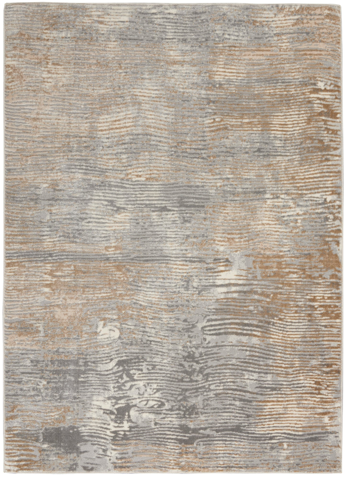 Rectangular area rug in muted beige, gray and taupe with abstract, wavy linear pattern.