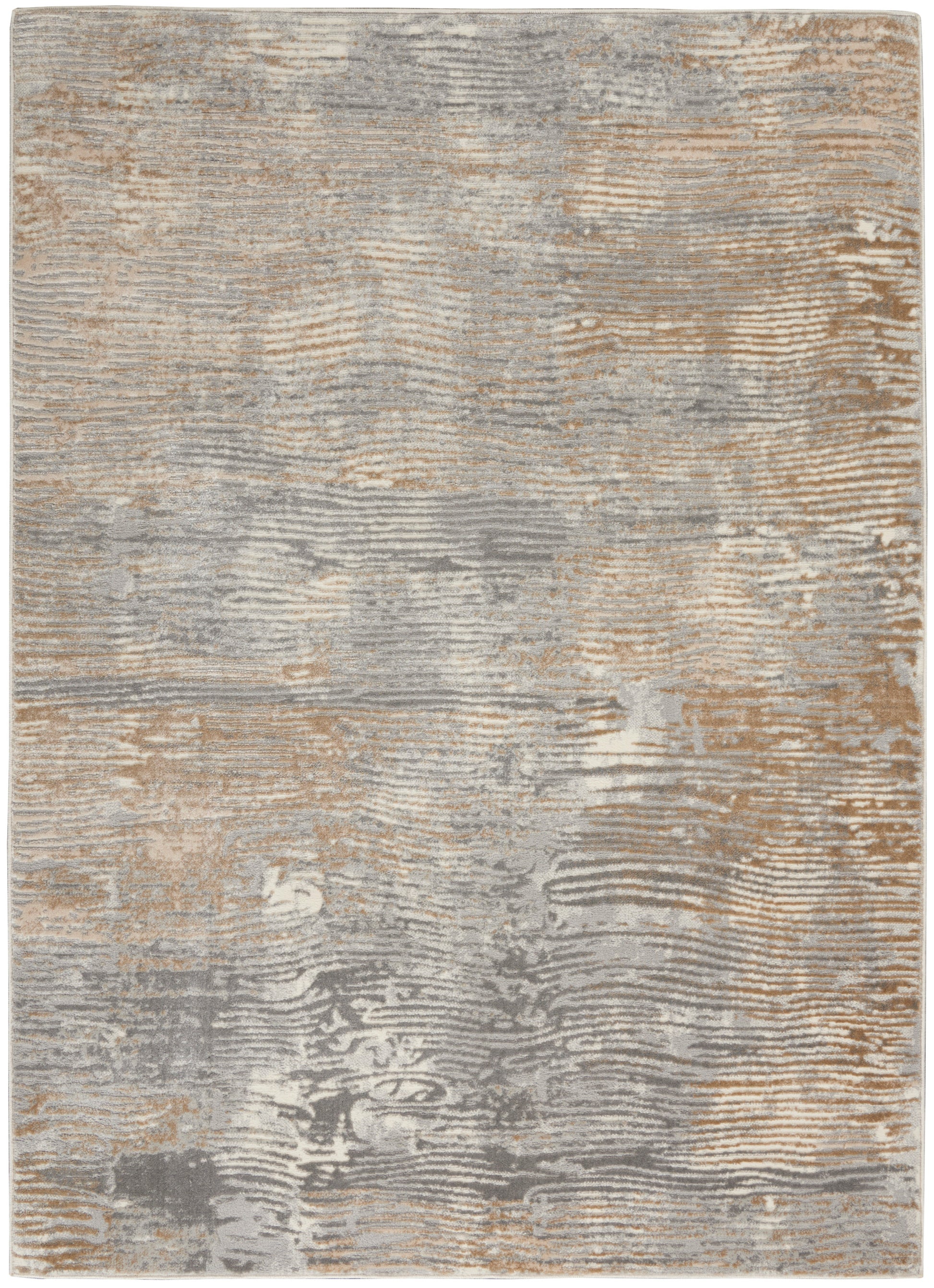 Rectangular area rug in muted beige, gray and taupe with abstract, wavy linear pattern.