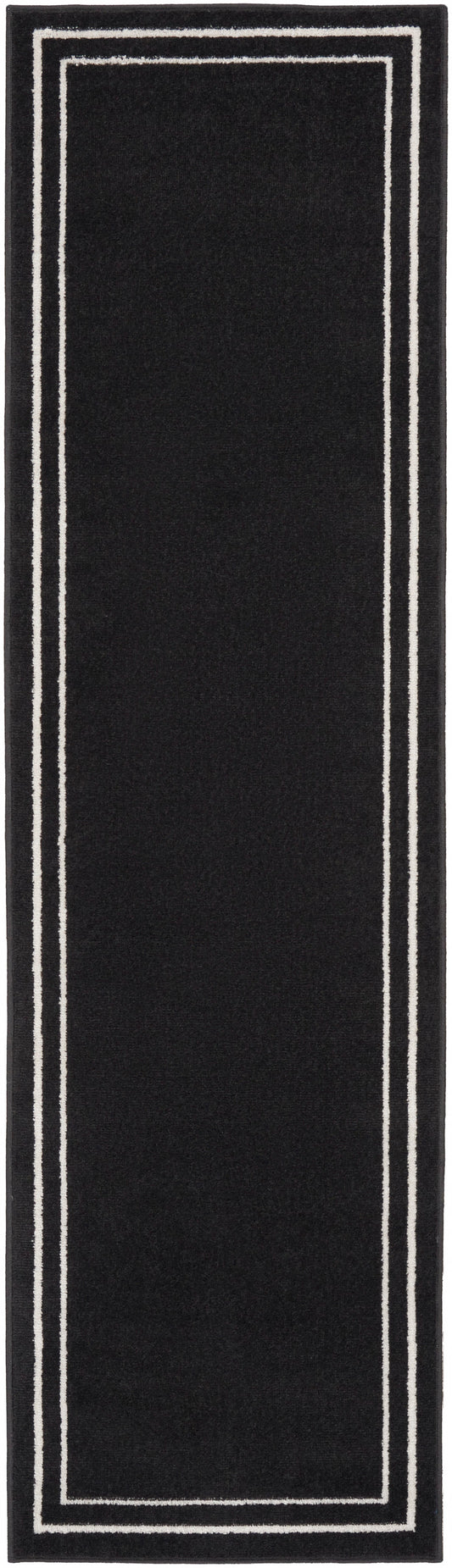 Black rectangular runner rug with double white border stripes along its edges.
