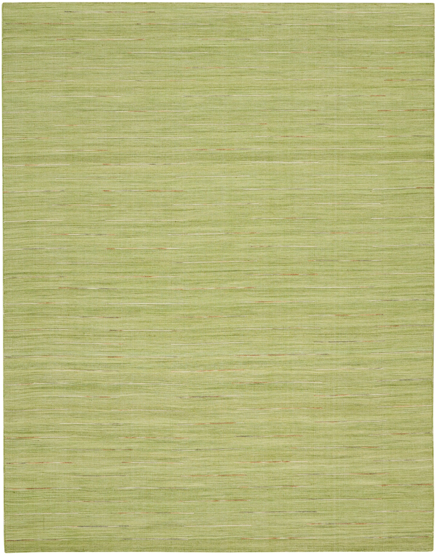 Olive-green woven area rug with subtle horizontal beige lines and tiny orange flecks.