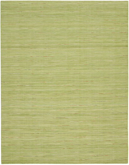 Olive-green woven area rug with subtle horizontal beige lines and tiny orange flecks.