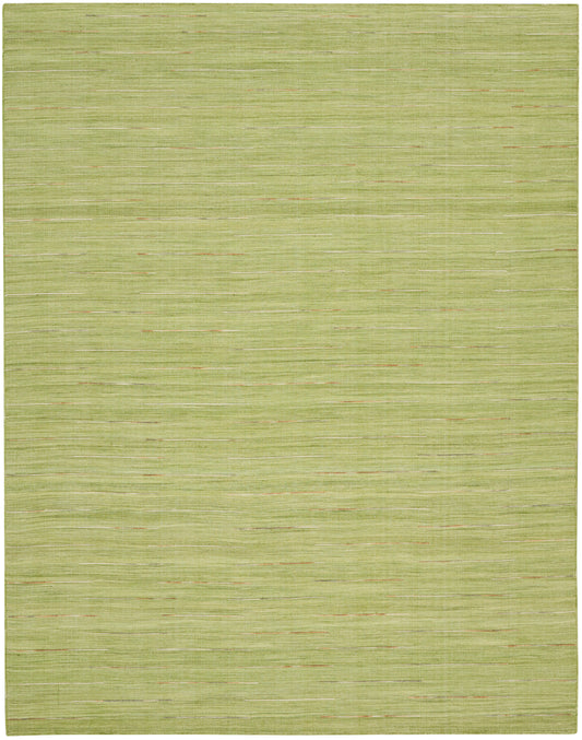 Olive-green woven area rug with subtle horizontal beige lines and tiny orange flecks.