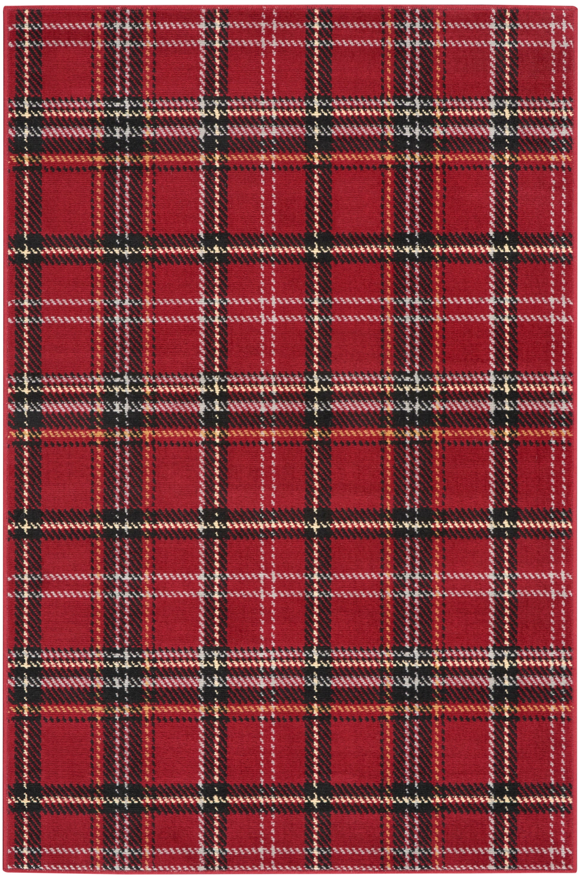 Red tartan plaid rug with black, white and yellow lines; wool-like woven textile suitable for floor use.