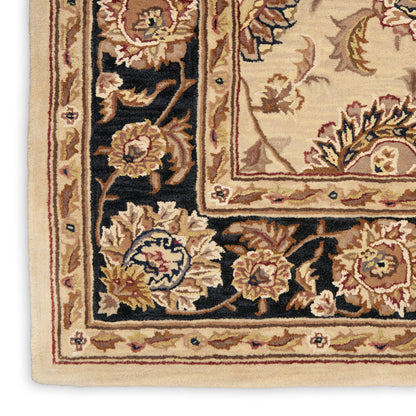 Ornate rug corner with ivory field and floral pattern, black border with gold flowers and cream outer trim.