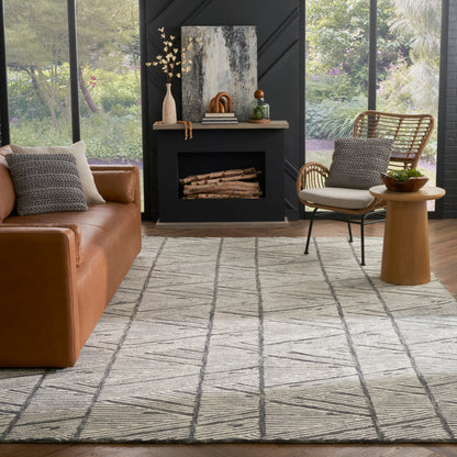 Modern rustic living room with tan leather sofa, gray geometric rug, black fireplace, wicker chair, round wood side table.