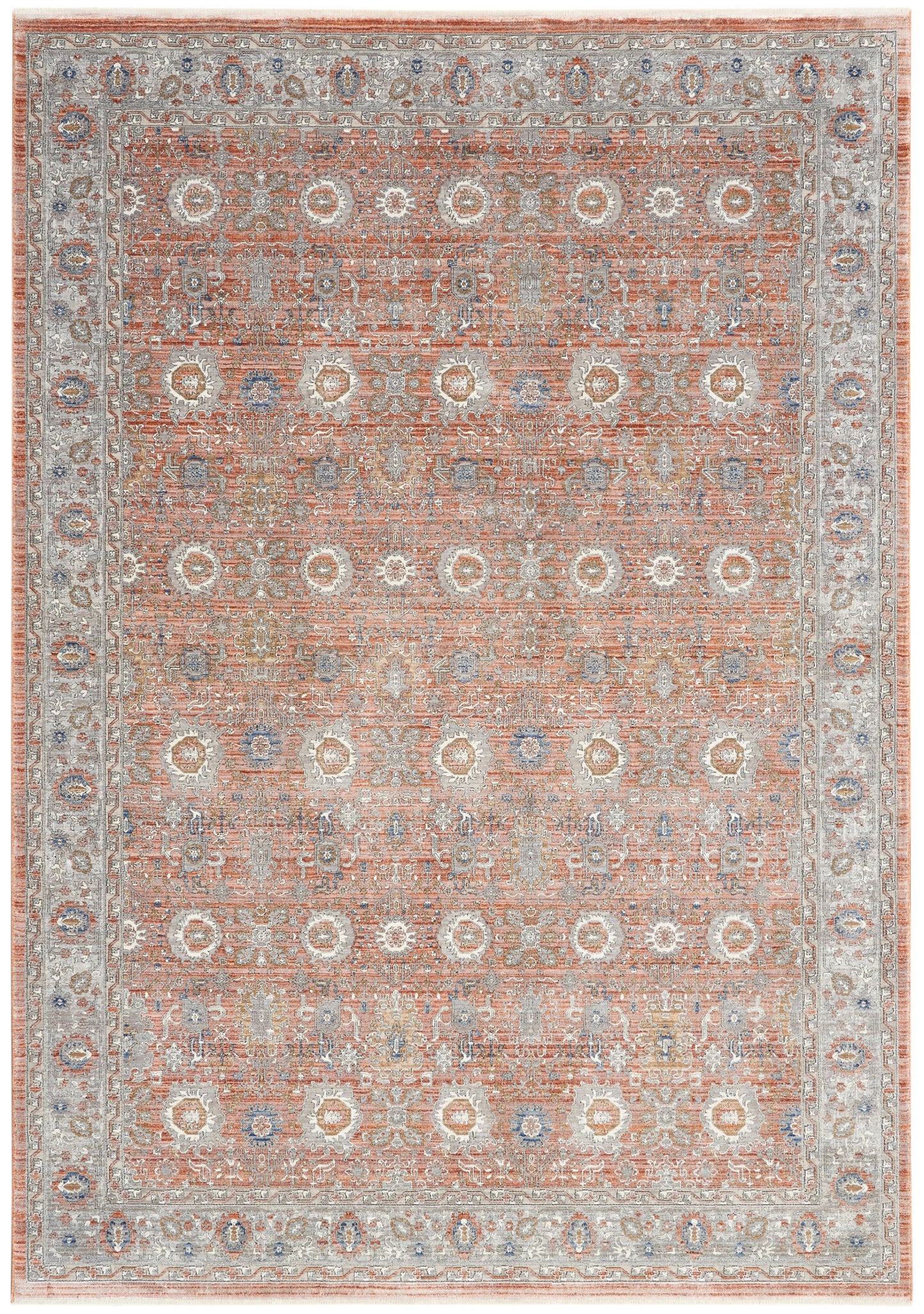 Rust-orange field rug with a pale gray border; repeating circular medallions and intricate floral motifs.