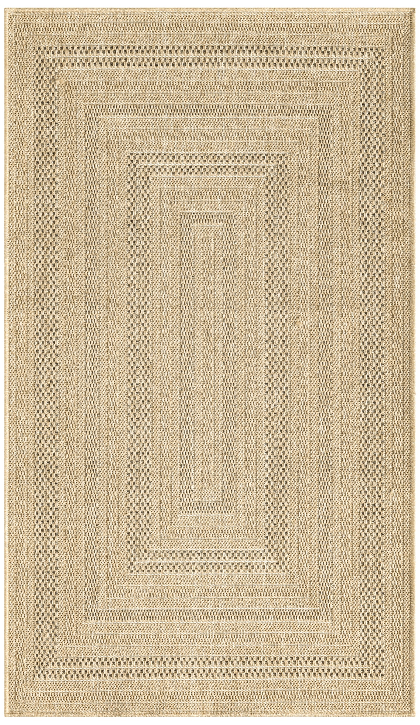 Beige outdoor rectangular rug with concentric woven rectangles and a textured braided pattern, 3' x 5'.