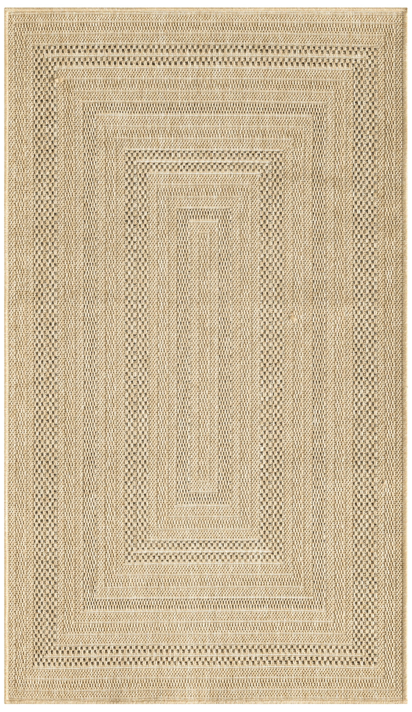 Beige outdoor rectangular rug with concentric woven rectangles and a textured braided pattern, 3' x 5'.