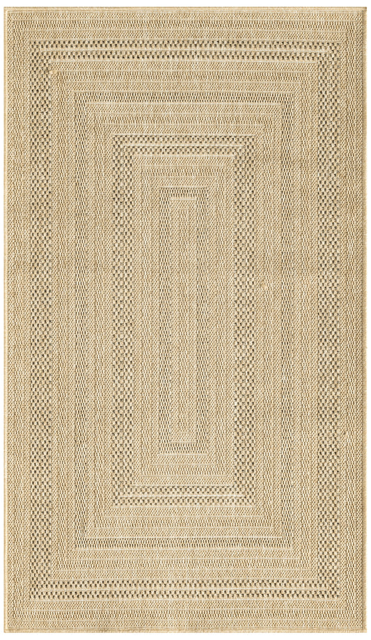 Beige outdoor rectangular rug with concentric woven rectangles and a textured braided pattern, 3' x 5'.