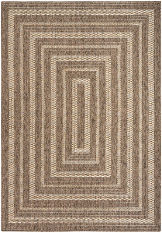 Rectangular area rug in earthy brown and beige with concentric rectangle borders and woven texture.