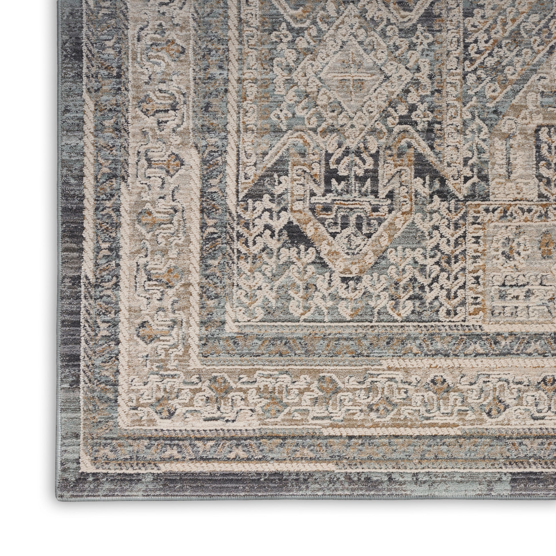 Blue-gray and ivory traditional runner with central geometric medallion and ornate borders, distressed vintage finish.