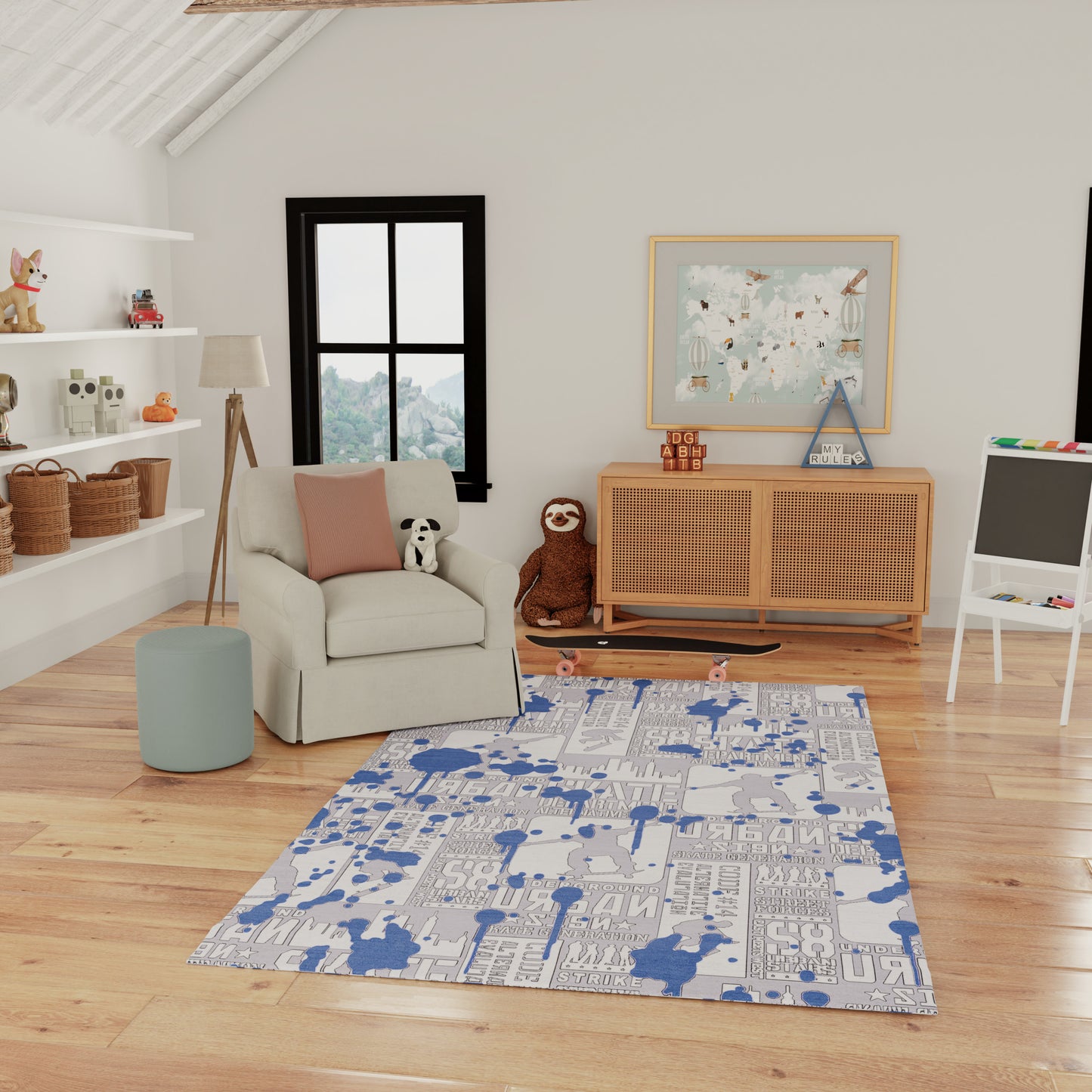 Rectangular kids' area rug in blue and white with a playful city/map graphic, laid in a bright kids' playroom.