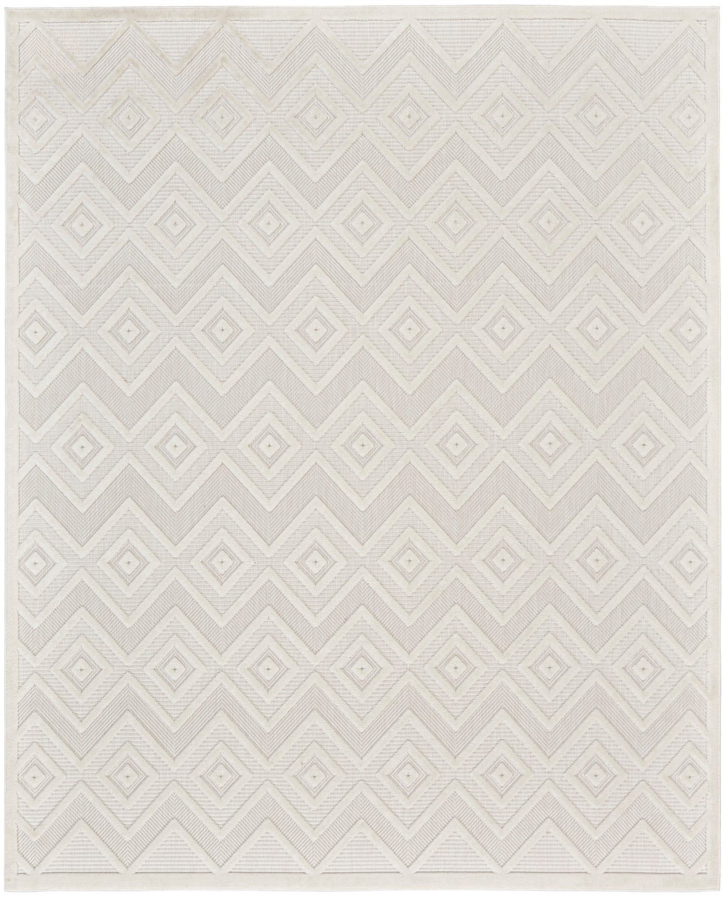 Cream geometric rug with repeating diamond grid and embossed ivory-toned lines.