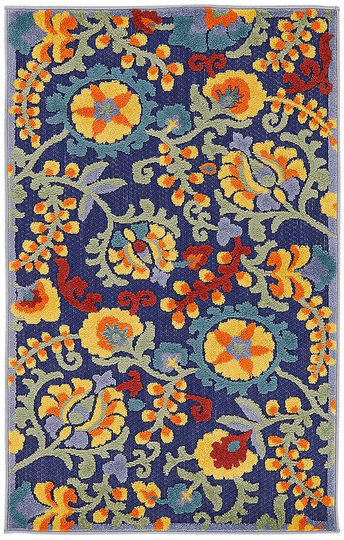 Rectangular rug with navy background and bright floral damask pattern in yellow, orange, teal; traditional style.