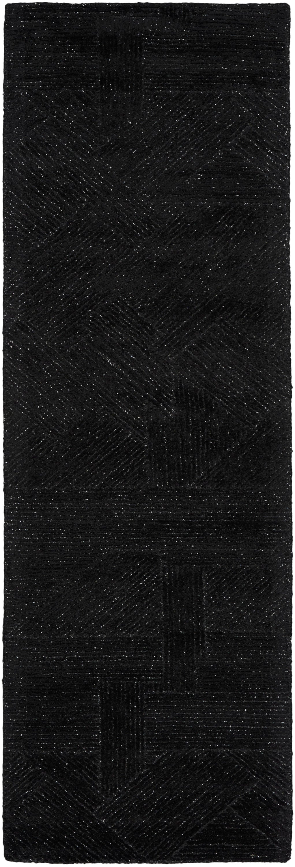 Black textured rug runner with subtle geometric chevron patches; plush pile with tiny reflective specks.