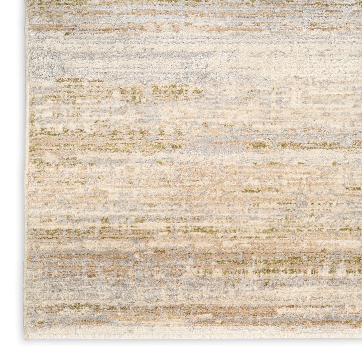 Rectangular abstract area rug in beige, cream, gray and olive with distressed pattern and fringe edge.