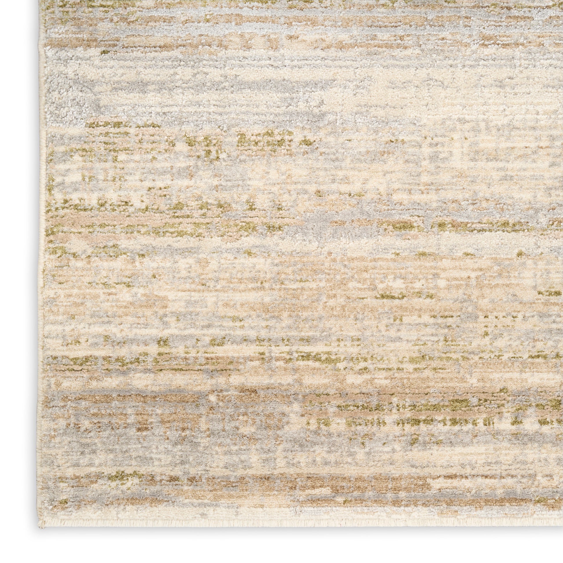 Rectangular abstract area rug in beige, cream, gray and olive with distressed pattern and fringe edge.