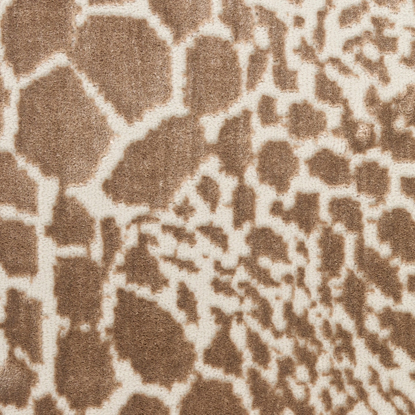Beige shag runner rug with a brown giraffe-print pattern and plush texture for modern living room decor