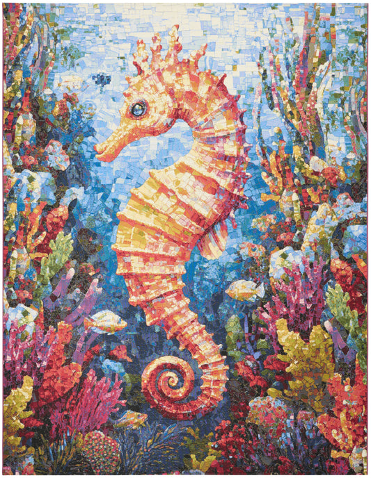 Bright orange seahorse mosaic wall art amid colorful coral reef, undersea decor.