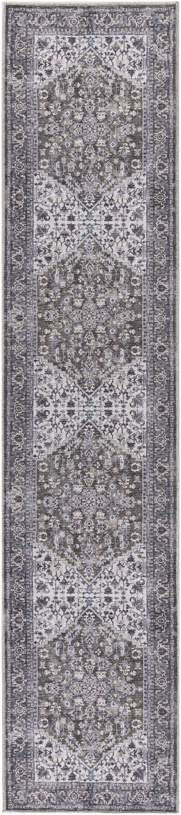 Long oriental runner rug with ivory, blue & taupe motifs; vintage distressed medallion pattern & ornate border.