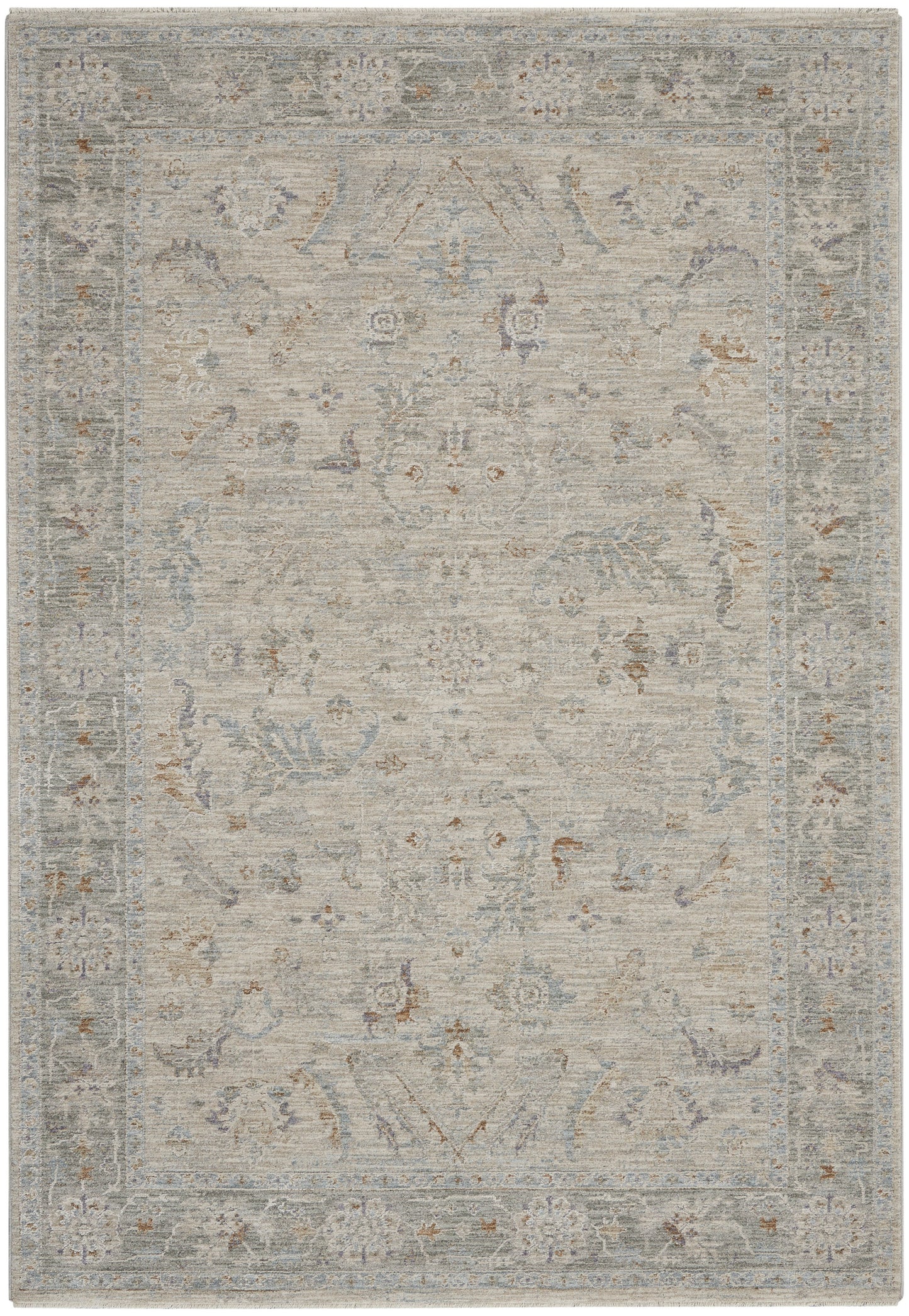 Light gray-blue oriental rug with faded ivory floral medallions and a pale border.