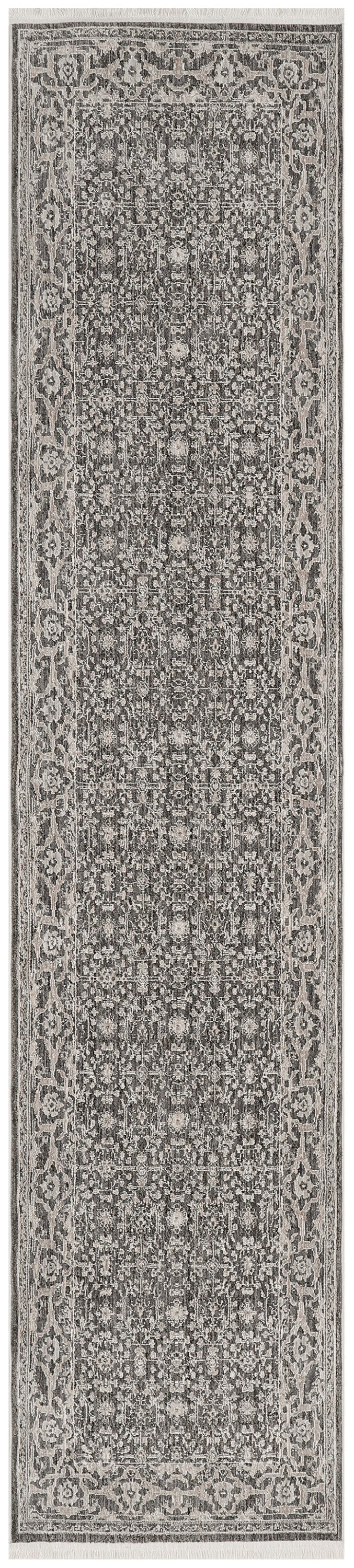 Grey and ivory oriental runner rug with dense floral pattern, decorative border and fringed ends.