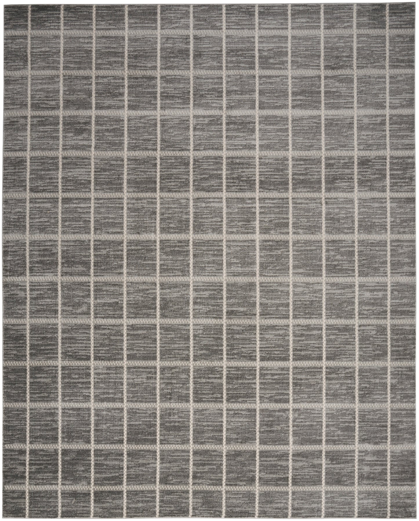 Gray woven rug with cream grid lines forming square pattern and textured surface.
