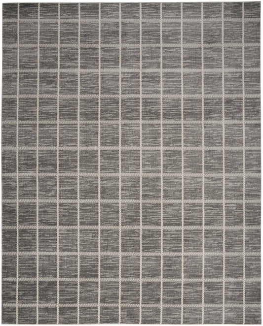 Gray woven rug with cream grid lines forming square pattern and textured surface.