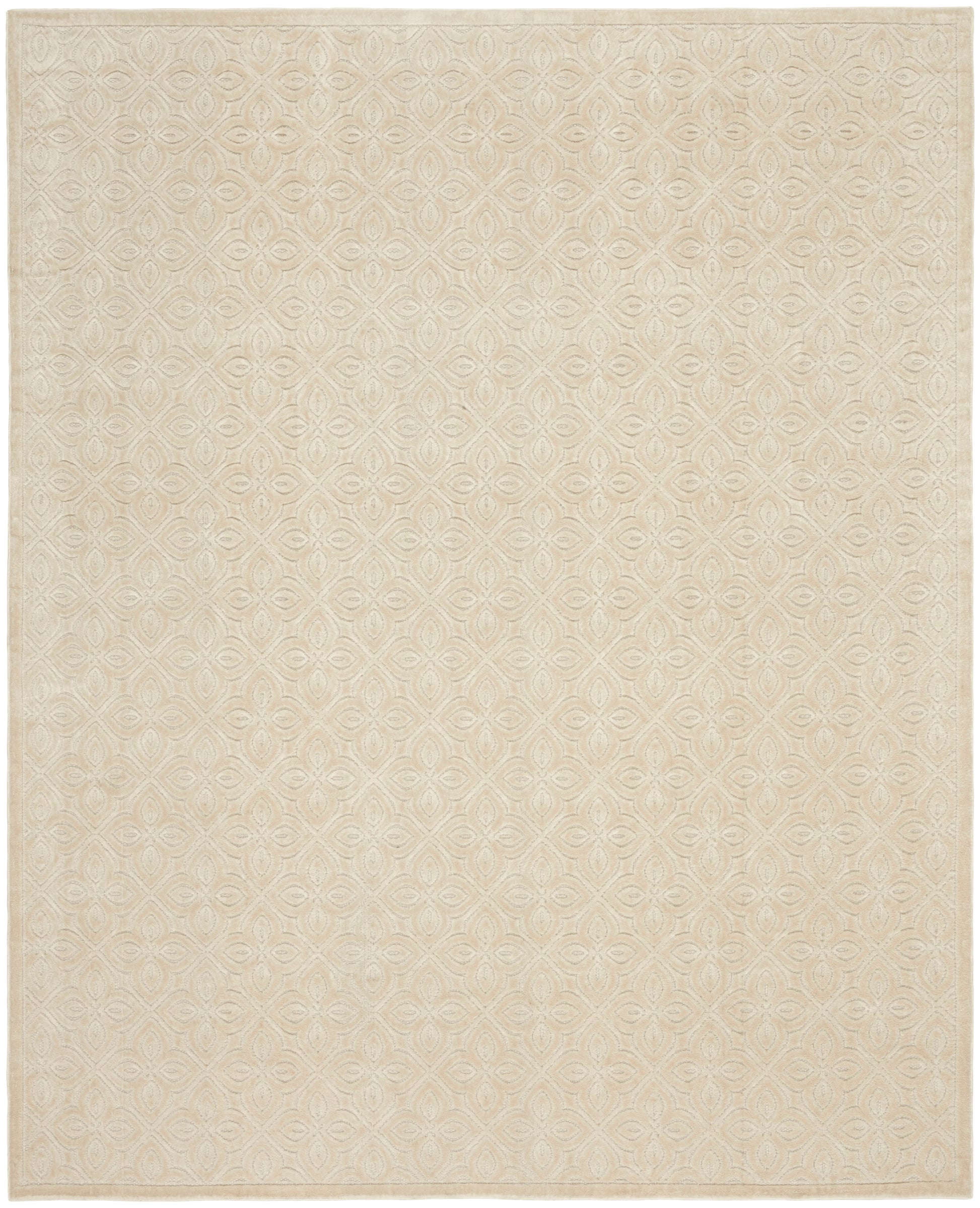 Beige area rug with subtle embossed diamond pattern and floral accents; soft, neutral woven texture.