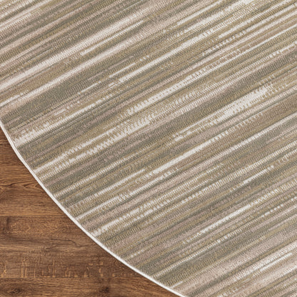 Neutral striped area rug in beige, taupe and cream tones on hardwood floor, curved edge visible.