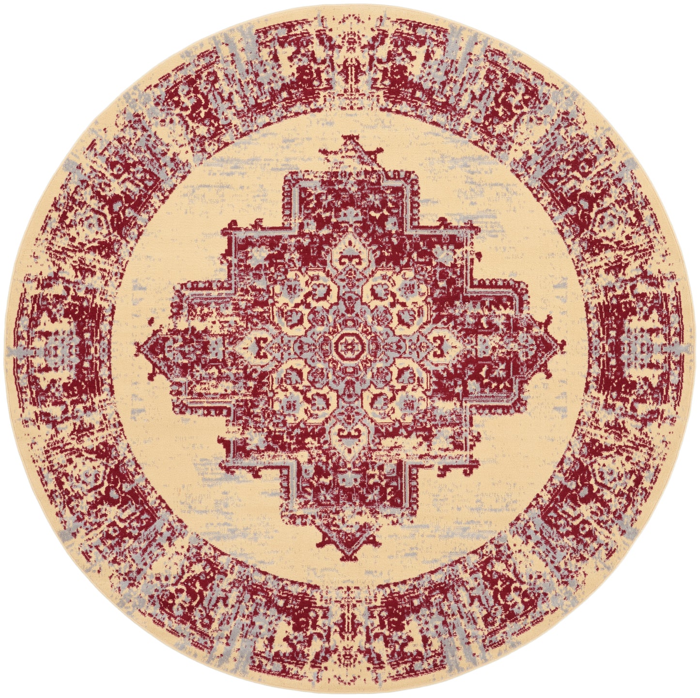 Round Oriental rug with burgundy central medallion on beige field, distressed border in burgundy and blue accents.