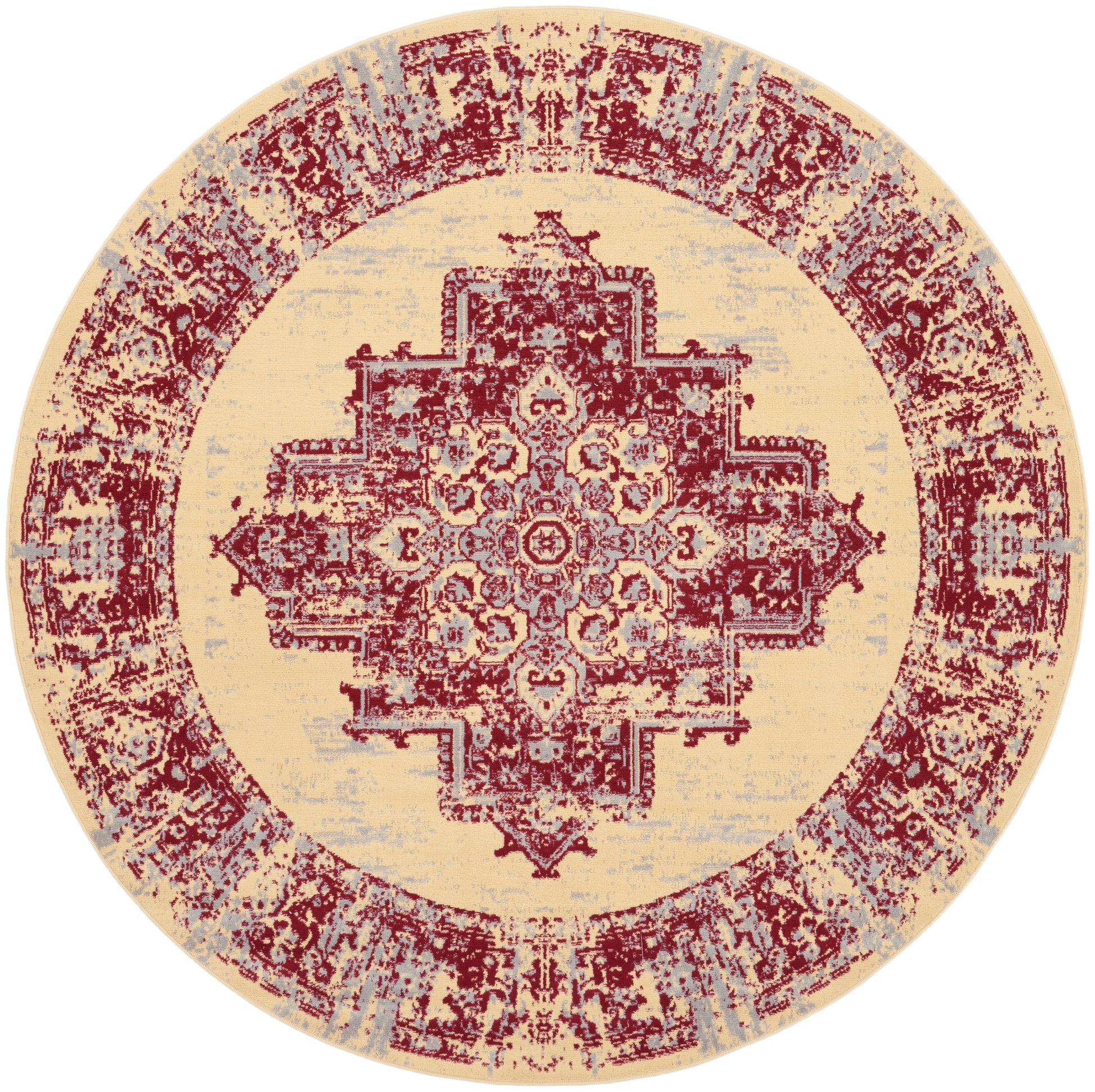 Round Oriental rug with burgundy central medallion on beige field, distressed border in burgundy and blue accents.