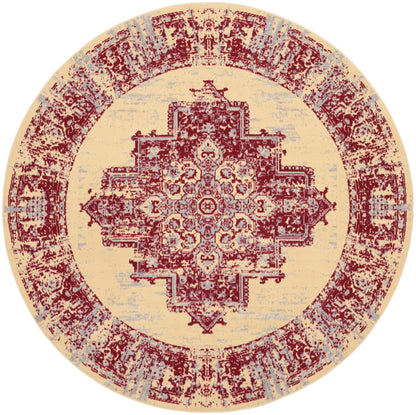 Round Oriental rug with burgundy central medallion on beige field, distressed border in burgundy and blue accents.