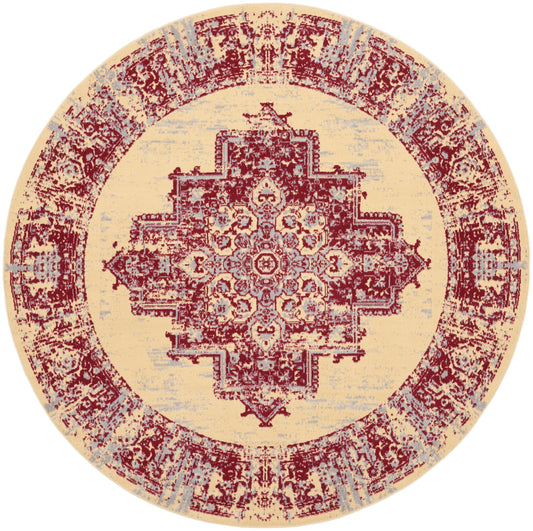 Round Oriental rug with burgundy central medallion on beige field, distressed border in burgundy and blue accents.