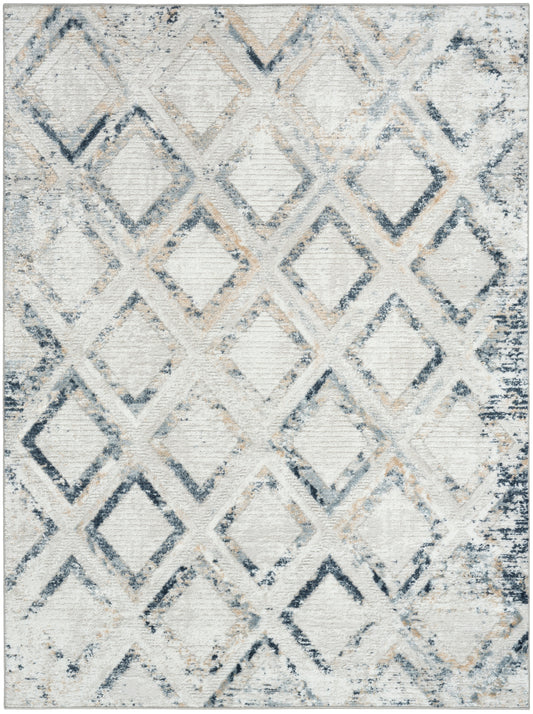 Distressed geometric area rug with blue, gray and beige diamond pattern on an off-white background.