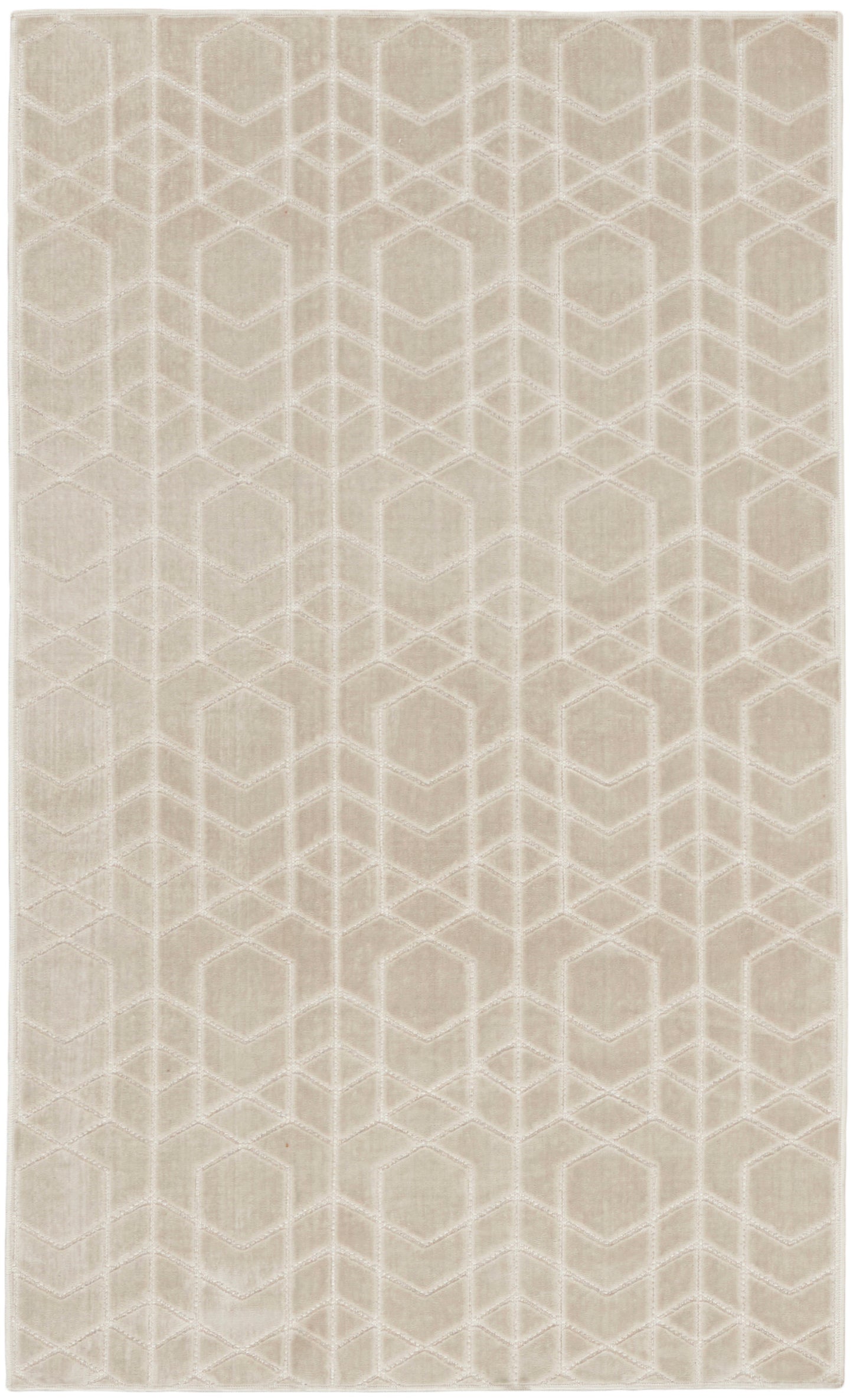 Beige rug with a subtle white geometric hexagon/cube motif and a soft textured surface.