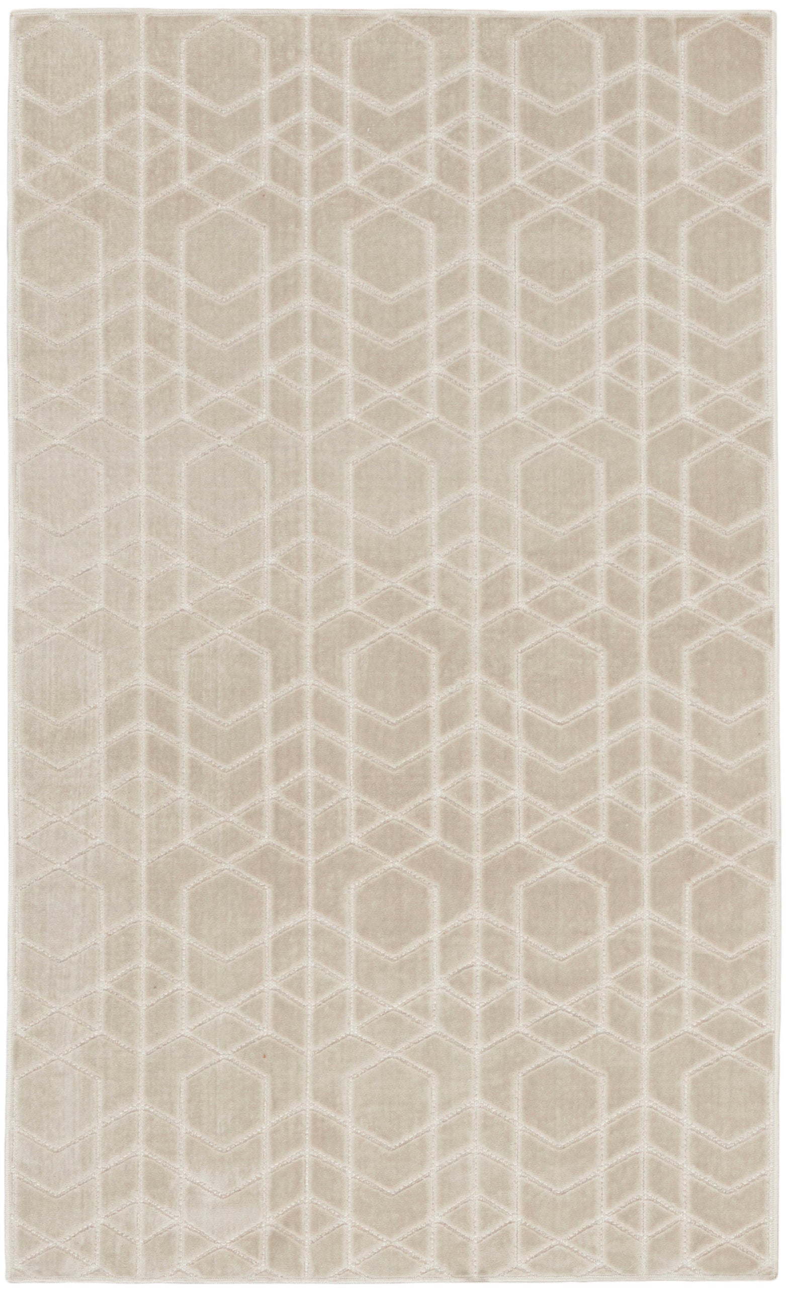 Beige rug with a subtle white geometric hexagon/cube motif and a soft textured surface.