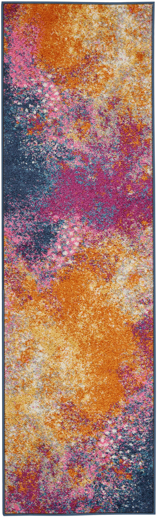Abstract rectangular area rug with navy border; orange, pink, purple & cream splashes on dark blue background.