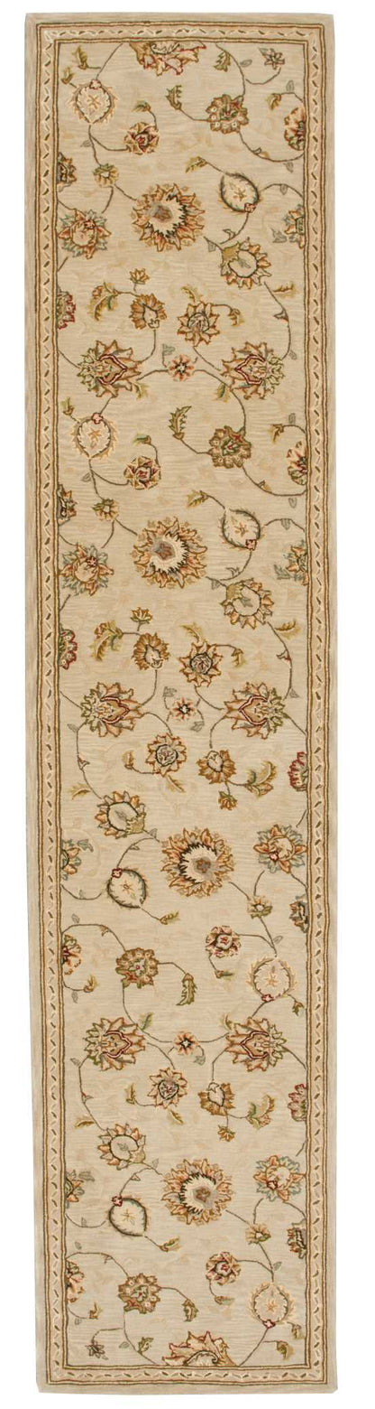 Beige floral runner rug with brown & green vines and ornate border.