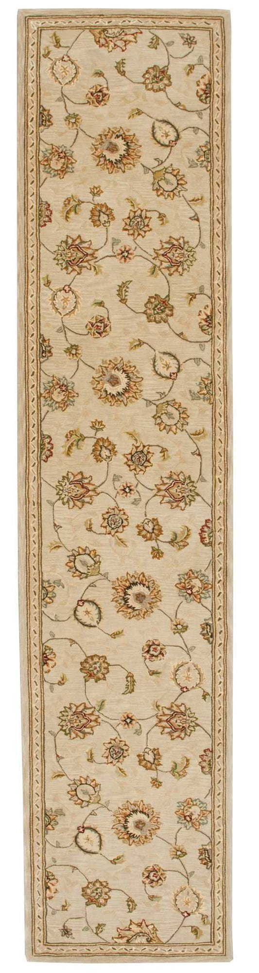 Beige floral runner rug with brown & green vines and ornate border.