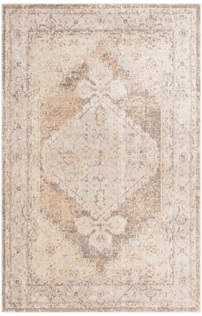Rectangular vintage-inspired distressed beige rug with central diamond motif and ornate border.
