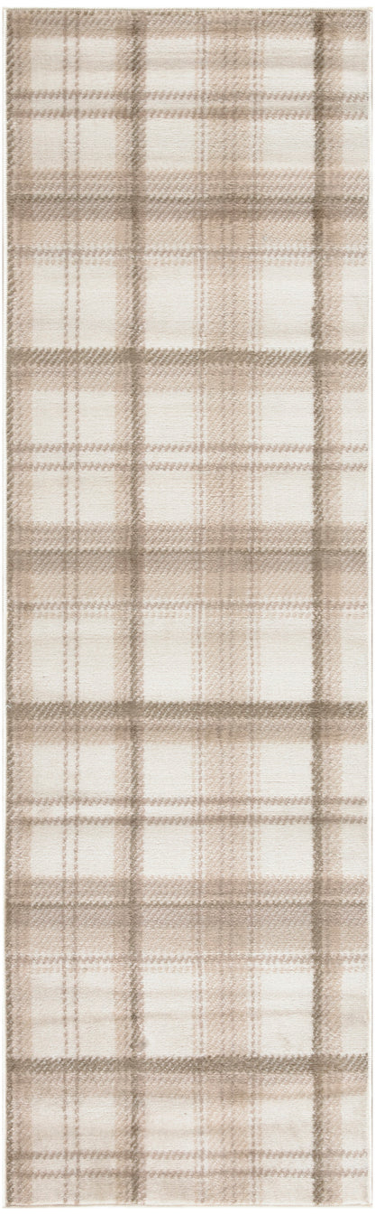 Beige and taupe plaid woven fabric with cream accents in a classic check; long rectangular textile suitable as scarf or throw.