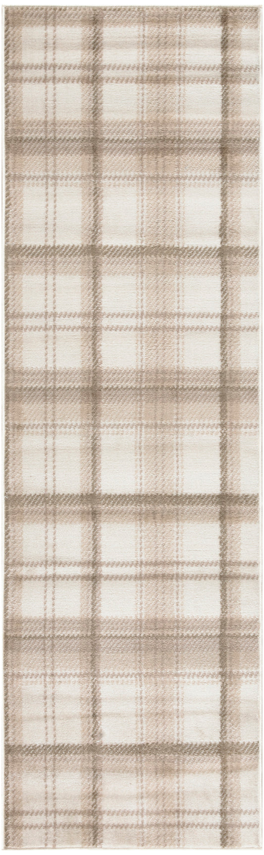 Beige and taupe plaid woven fabric with cream accents in a classic check; long rectangular textile suitable as scarf or throw.