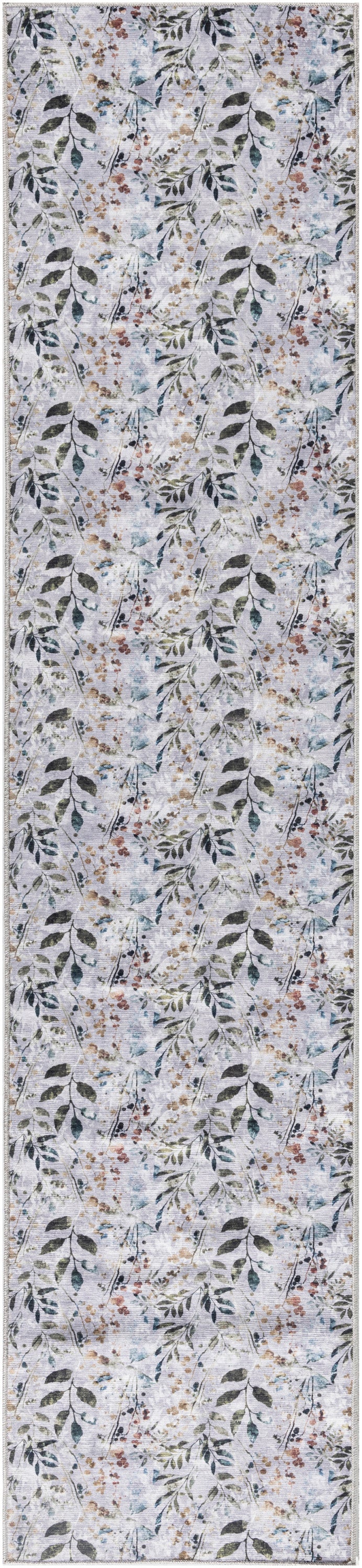 Runner rug with repeating botanical vine pattern; green leaves and small brown berries on a soft blue-gray background.