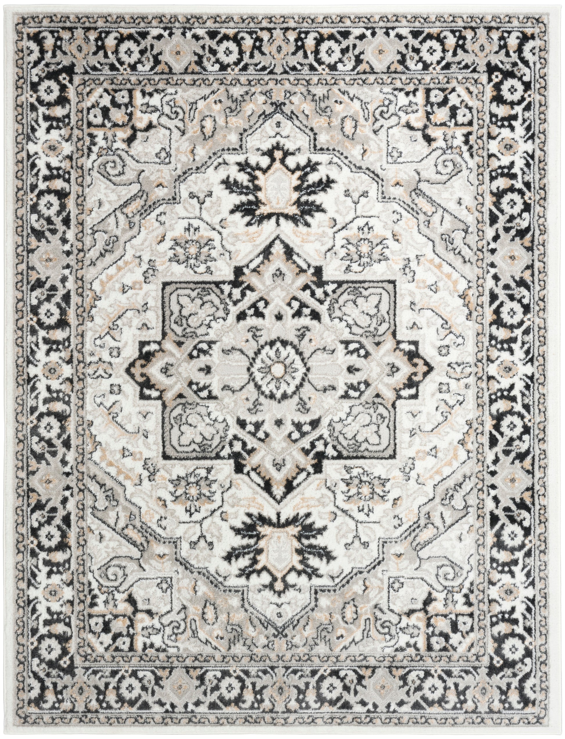 Rectangular vintage oriental rug with cream base, black border, central star medallion, and floral motifs; Persian-inspired.