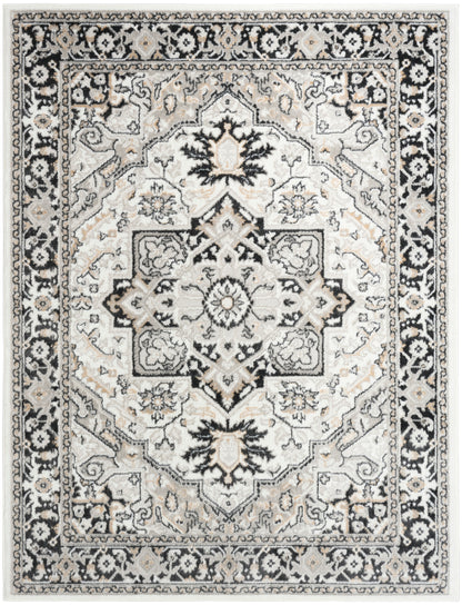 Rectangular vintage oriental rug with cream base, black border, central star medallion, and floral motifs; Persian-inspired.